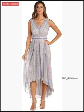 Metallic Crinkle High-Low Gown with Rhinestone Waistband